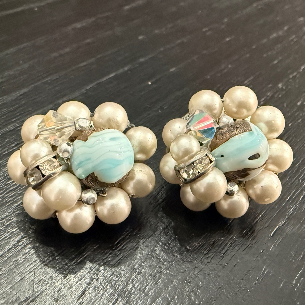 Vintage Japanese Faux Pearl and Blue Glass Bead Earrings with Clear Rhinestones,